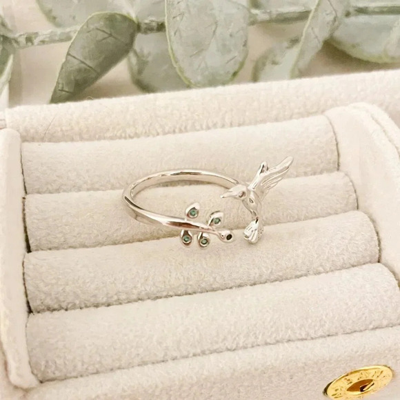 925 Sterling Silver Hummingbird Ring Bird Ring Tree Branch Ring Leaf Ring - Picture 5 of 9